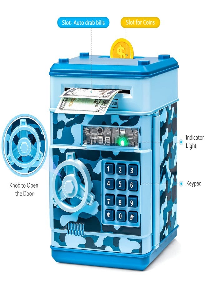 Vcertcpl ATM Piggy Bank for Boys Girls, Vcertcpl Mini ATM Coin Bank Money Saving Box with Password, Kids Safe Money Jar for Adults with Auto Grab Bill Slot, Great Gift Toy Bank for Kids (Camouflage Light Blue) - Image 3